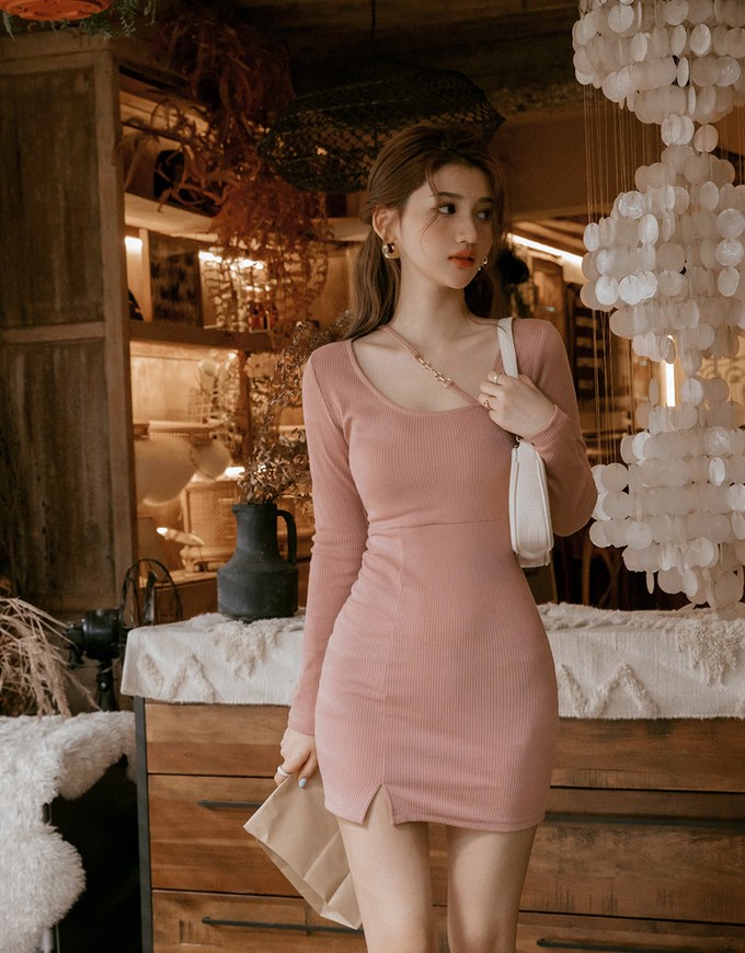 Gold Chain Knit Slit Bodycon Mini Dress