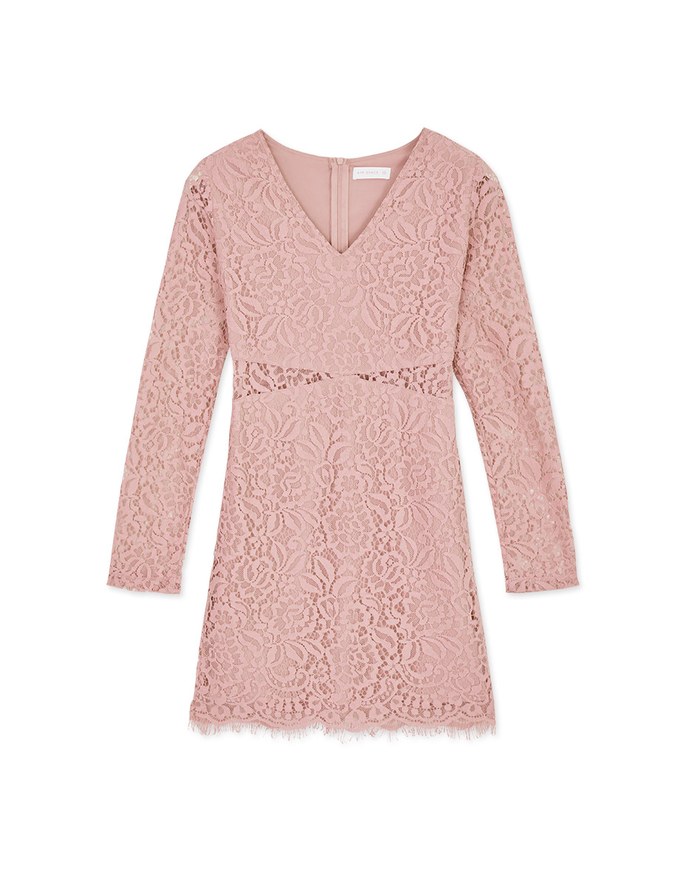 V-Neck Lace Skin-Translucent Mini Dress