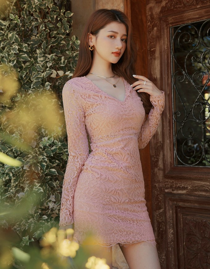 V-Neck Lace Skin-Translucent Mini Dress