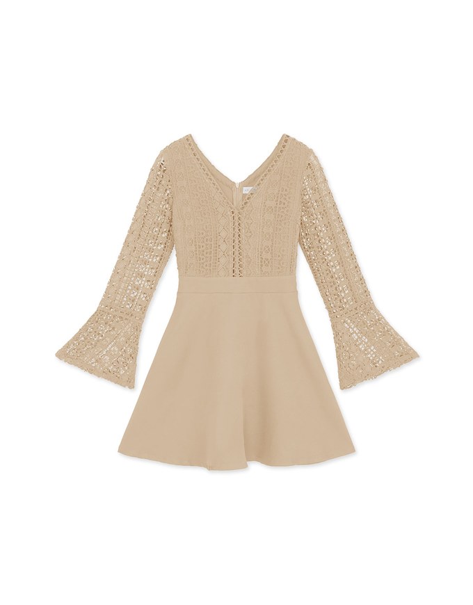 V-Neck Translucent Lace Wide Sleeve Mini Dress