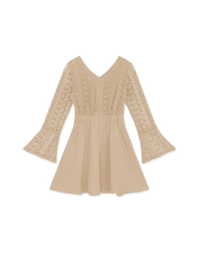 V-Neck Translucent Lace Wide Sleeve Mini Dress