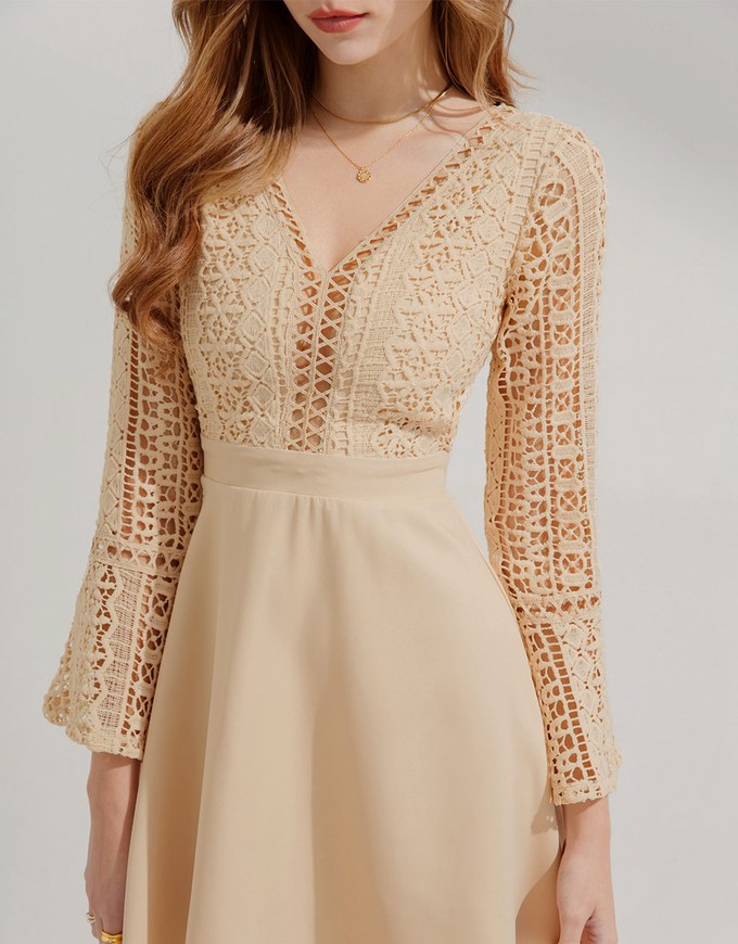 V-Neck Translucent Lace Wide Sleeve Mini Dress