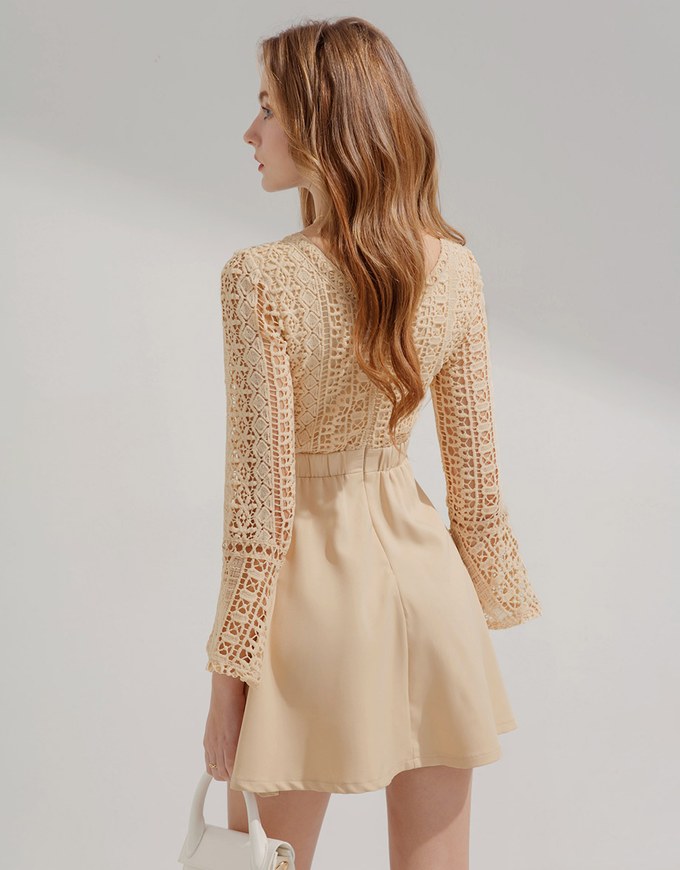 V-Neck Translucent Lace Wide Sleeve Mini Dress