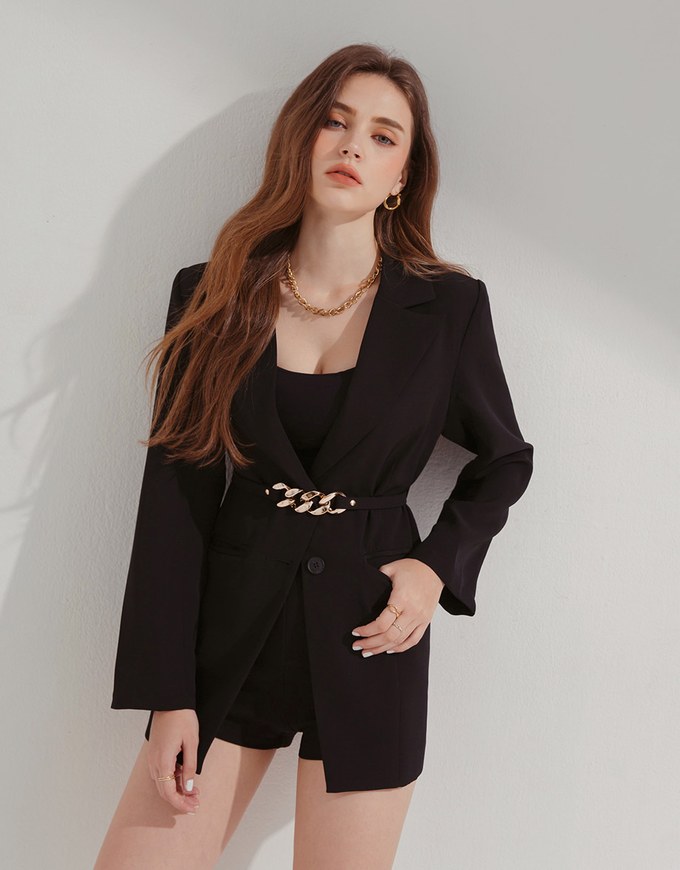 Gold Chain Detachable Shoulder Pad Blazer (With Belt)