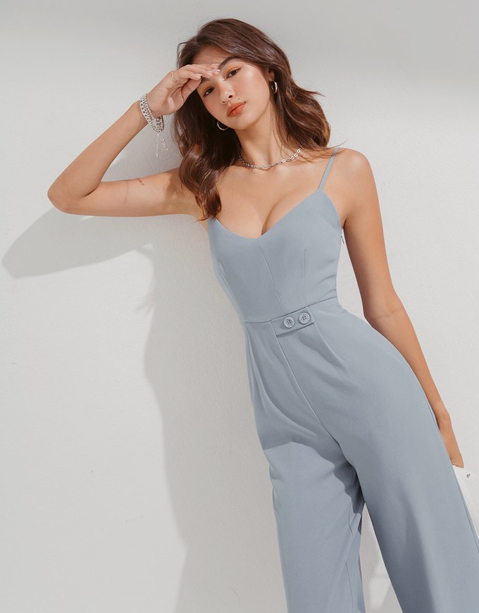 Slim-Shoulder Two-Button Embellished Jumpsuit