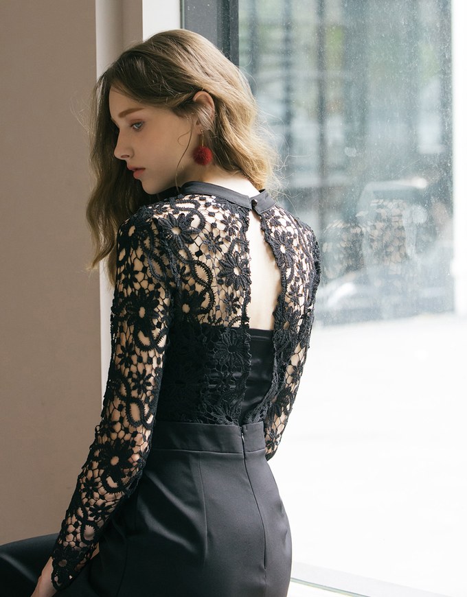 Sheer Lace Backless Jumpsuit Pants (With Inner Wear)
