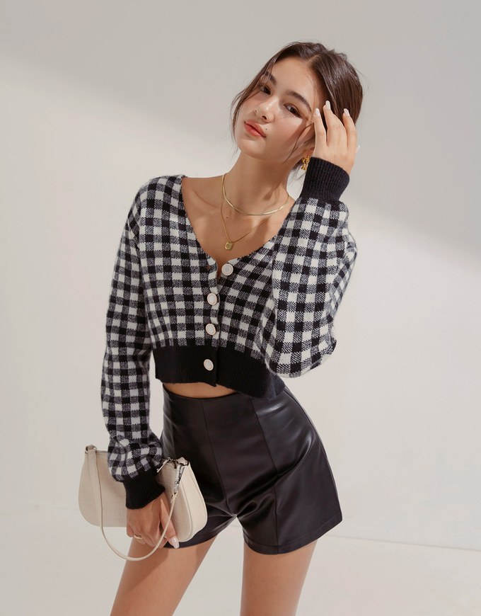 V-Neck Plaid Button-Down Knit Top