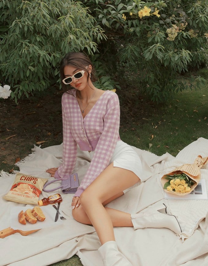 V-Neck Plaid Button-Down Knit Top
