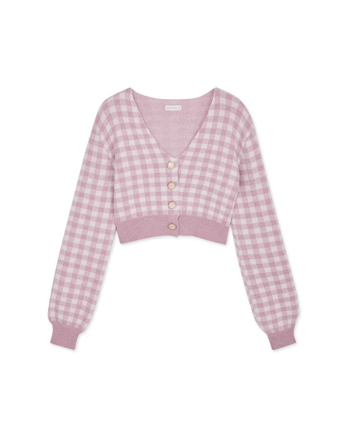 V-Neck Plaid Button-Down Knit Top