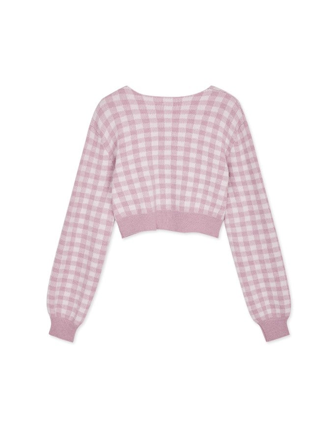 V-Neck Plaid Button-Down Knit Top