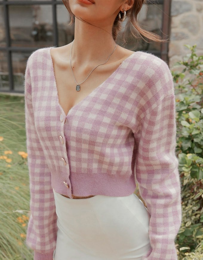 V-Neck Plaid Button-Down Knit Top