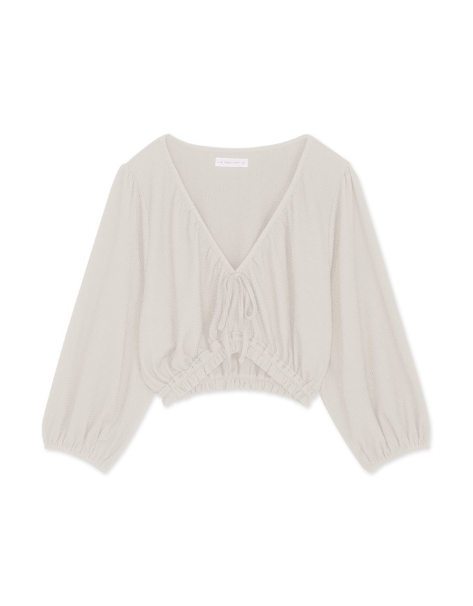V Neck Creased Puff Sleeve Tie Ribbon Crop Top