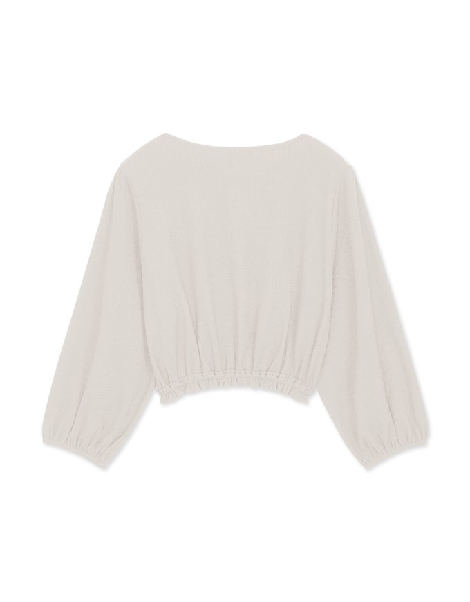 V Neck Creased Puff Sleeve Tie Ribbon Crop Top