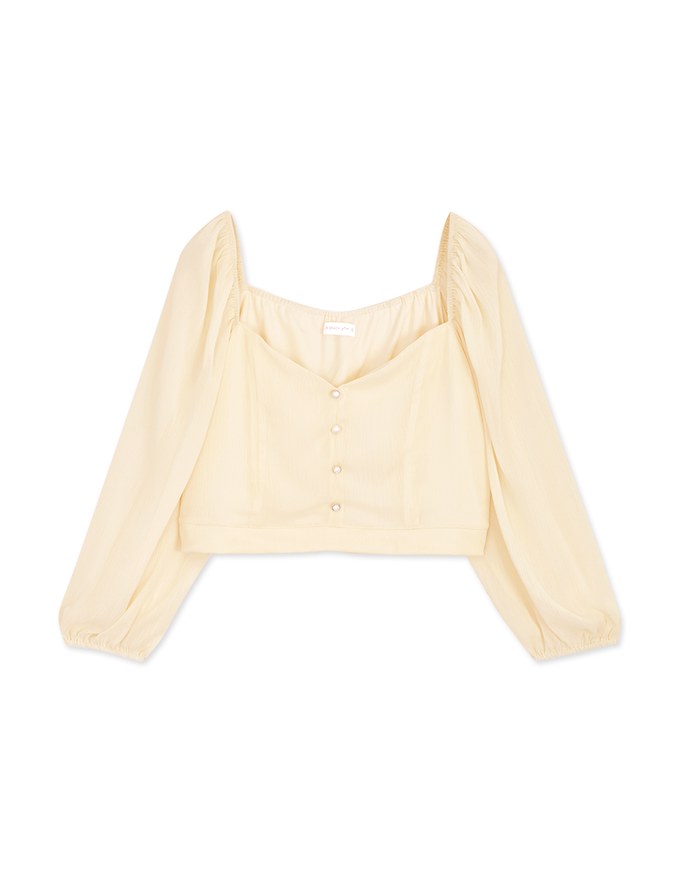 Square Neck Pearl Button Puff Sleeve Top