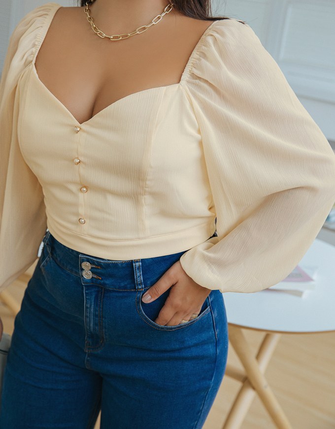 Square Neck Pearl Button Puff Sleeve Top