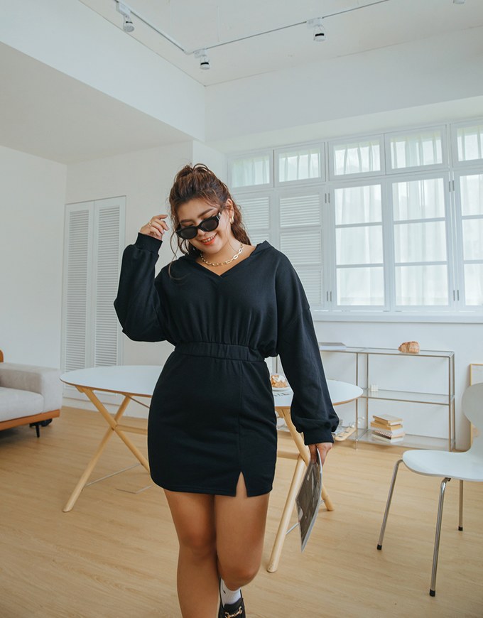 Preppy V Neck Hooded Dress