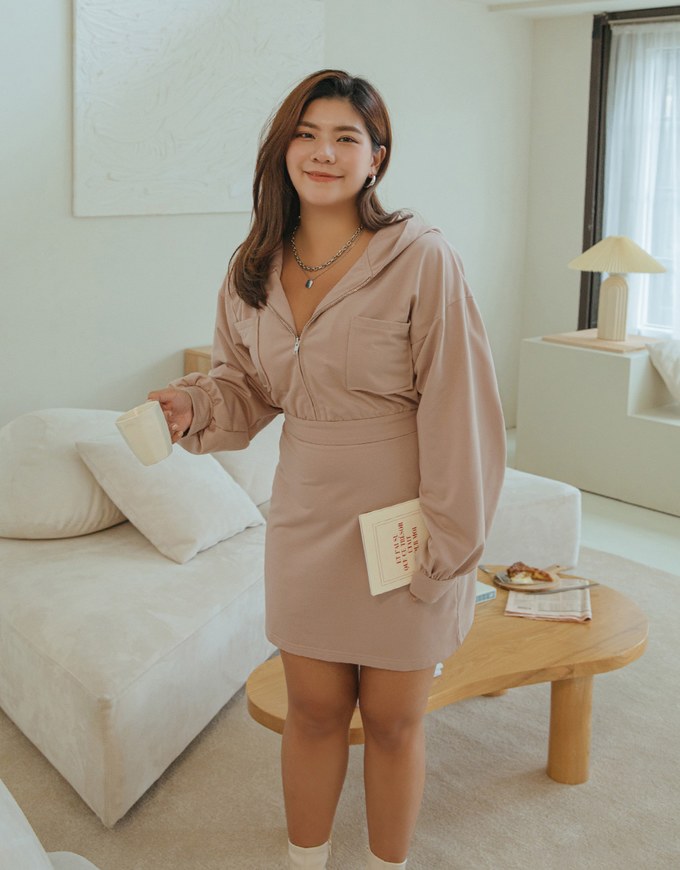 Preppy Zip Loose Hoodie Mini Dress