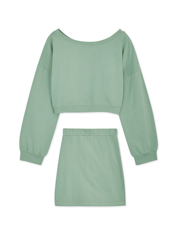 Slant Shoulder Wrinkle Slit Elastic Skirt Setwear
