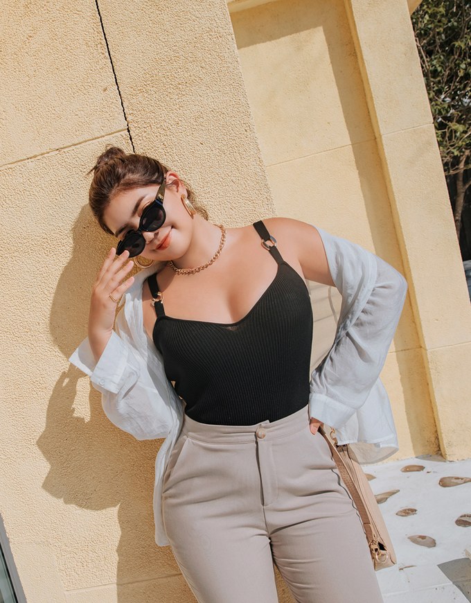 Golden-ring Splice Shoulder Strap Knit Cami Top