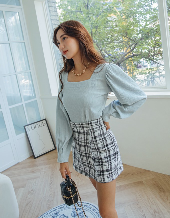 Square-Neck Puff-Sleeve Embossed Top