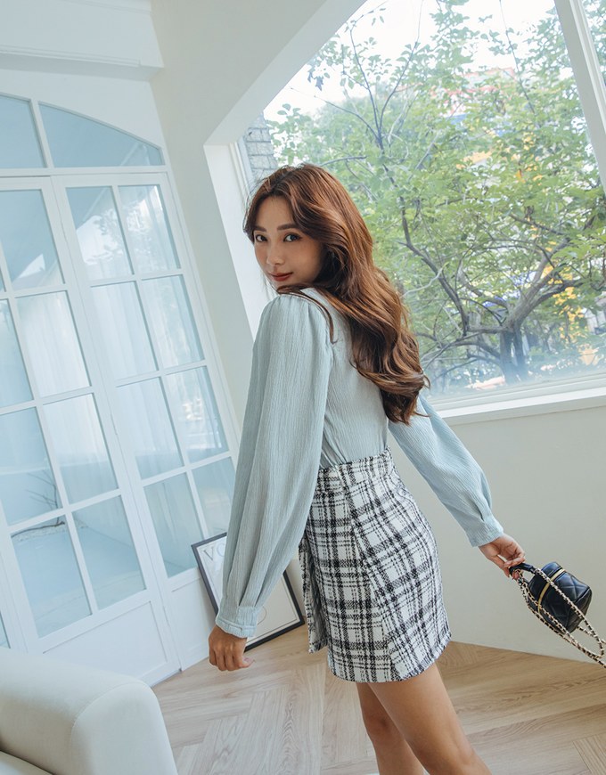 Square-Neck Puff-Sleeve Embossed Top