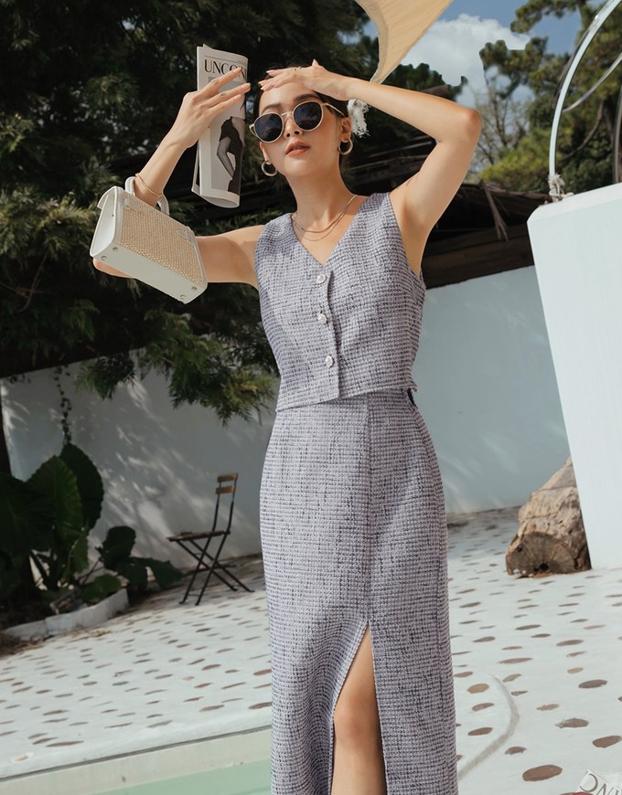 Classic Tweed Slit Maxi Skirt