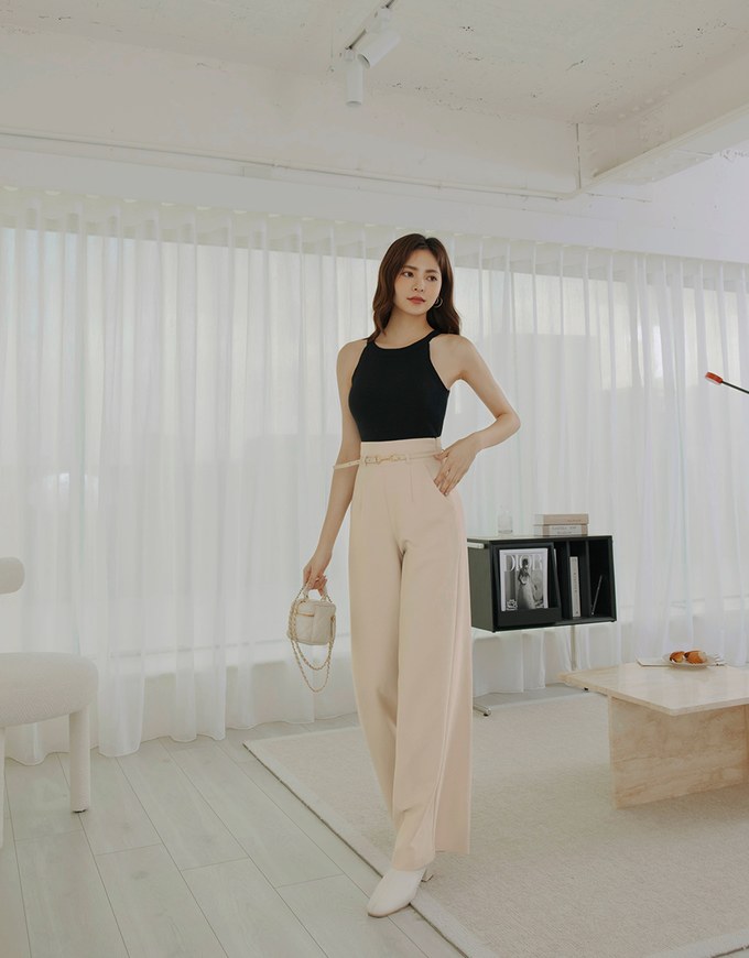 High Waisted Pleated Belted Wide Pants