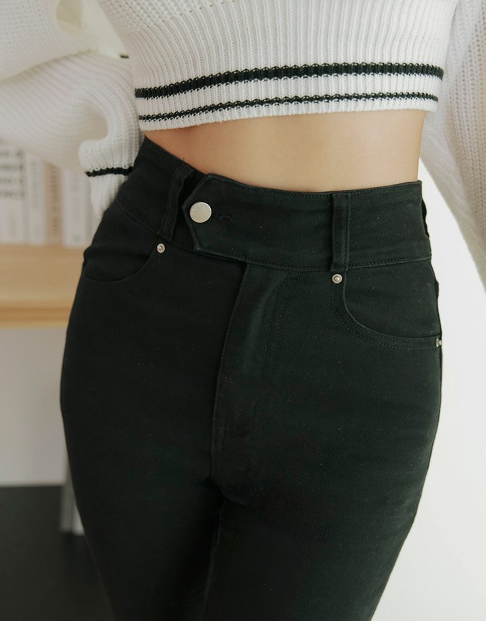 Side Button High Waisted Slim Fit Denim Jeans Pants