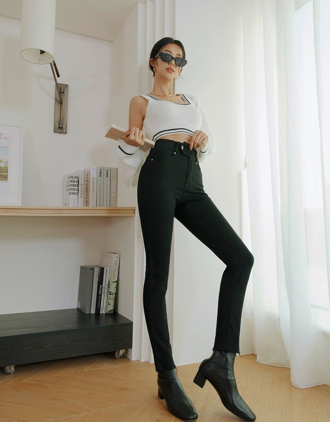 Side Button High Waisted Slim Fit Denim Jeans Pants
