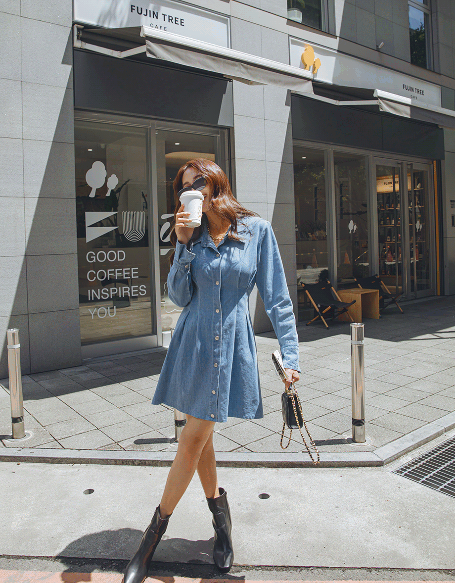 Buttoned Pleated Denim Jeans Shirt Dress