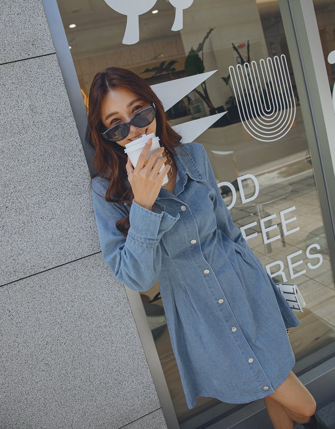 Buttoned Pleated Denim Jeans Shirt Dress