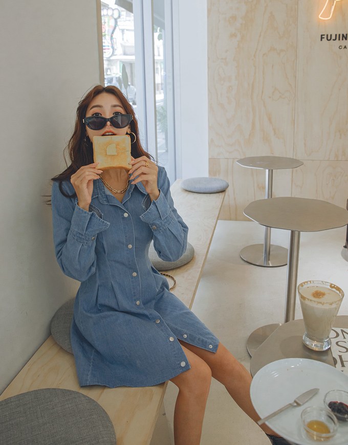 Buttoned Pleated Denim Jeans Shirt Dress