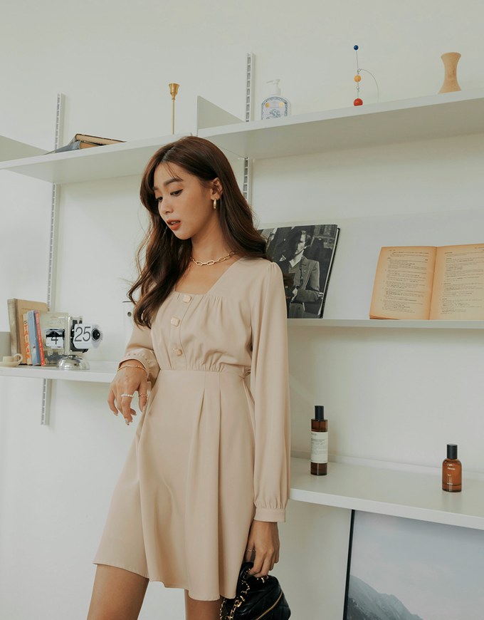 Square Neck Buttoned Mini Flare Dress