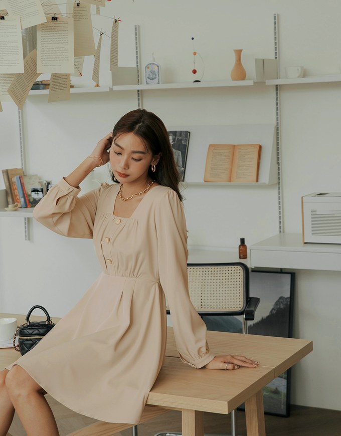 Square Neck Buttoned Mini Flare Dress