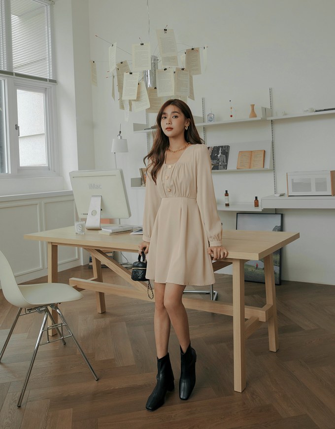 Square Neck Buttoned Mini Flare Dress
