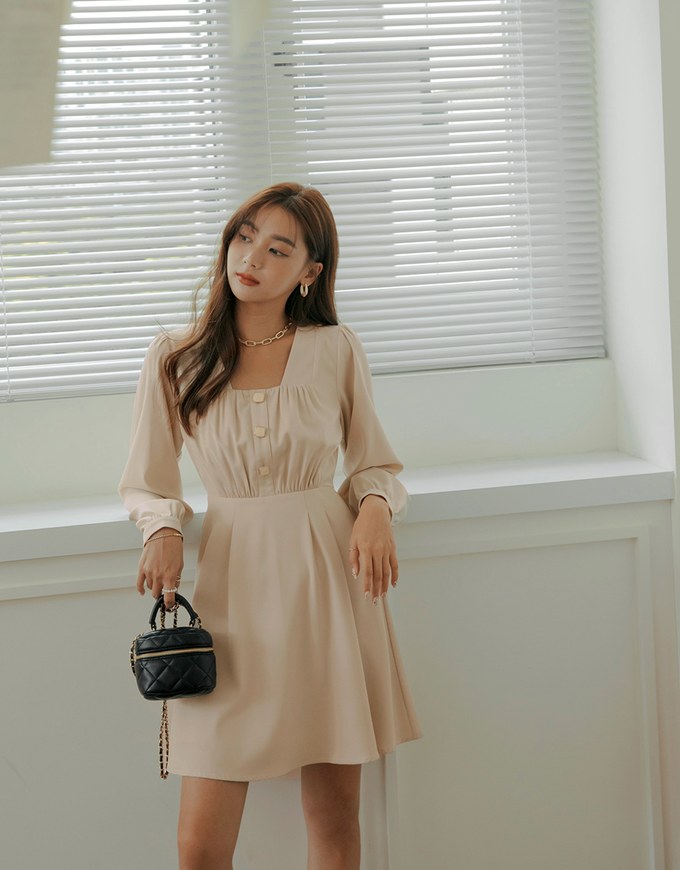 Square Neck Buttoned Mini Flare Dress