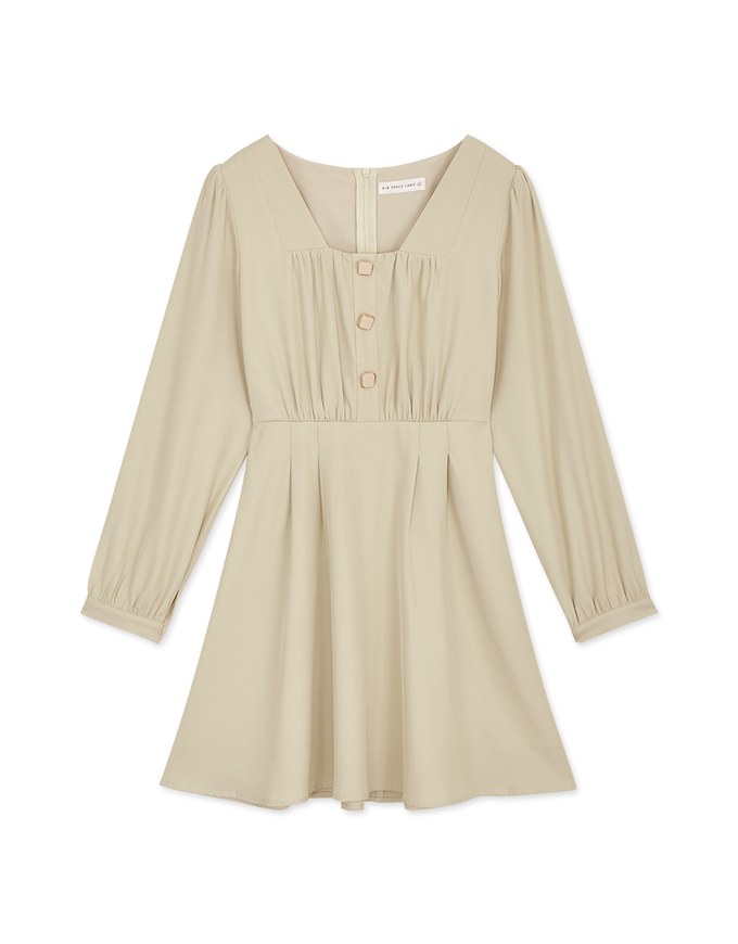 Square Neck Buttoned Mini Flare Dress