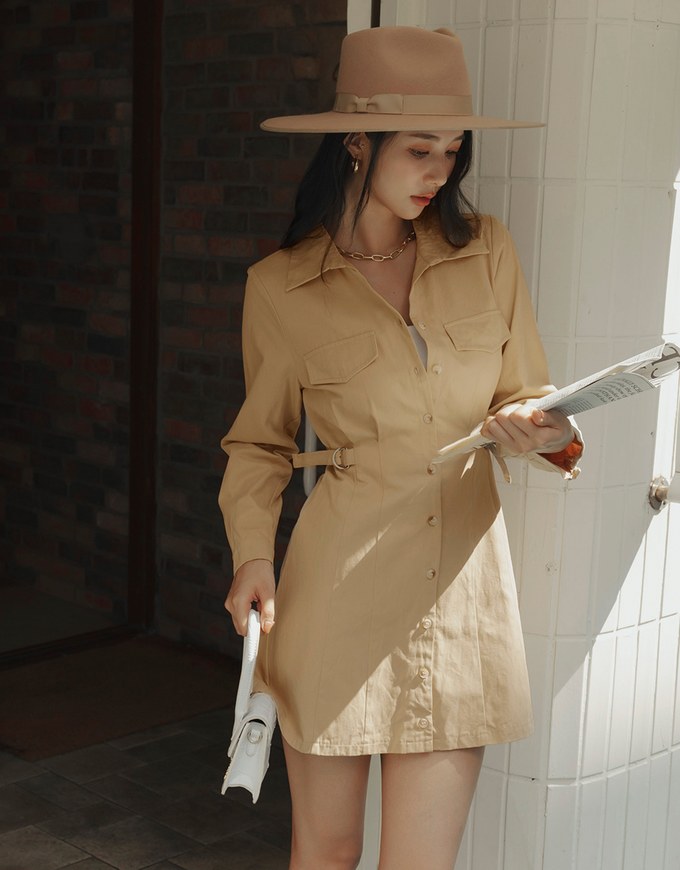 Button Down Pleated Shirt Mini Dress