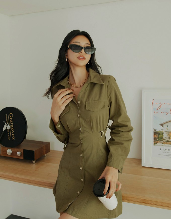 Button Down Pleated Shirt Mini Dress