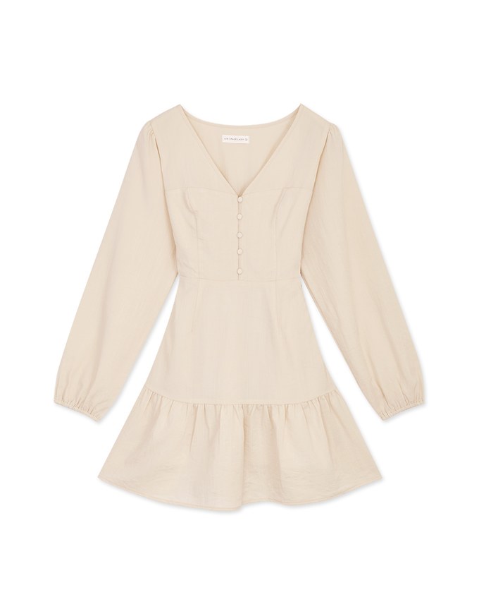V Neck Back Tie Ribbon Puff Sleeve Mini Dress