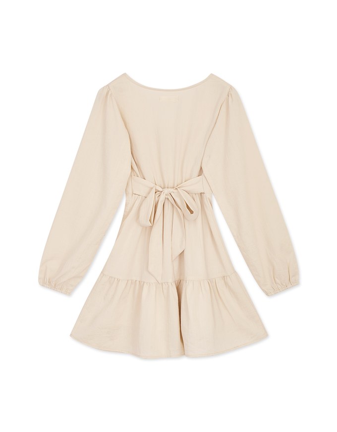 V Neck Back Tie Ribbon Puff Sleeve Mini Dress