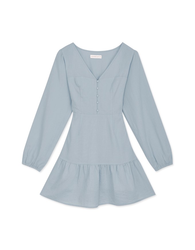 V Neck Back Tie Ribbon Puff Sleeve Mini Dress