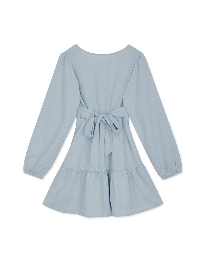 V Neck Back Tie Ribbon Puff Sleeve Mini Dress