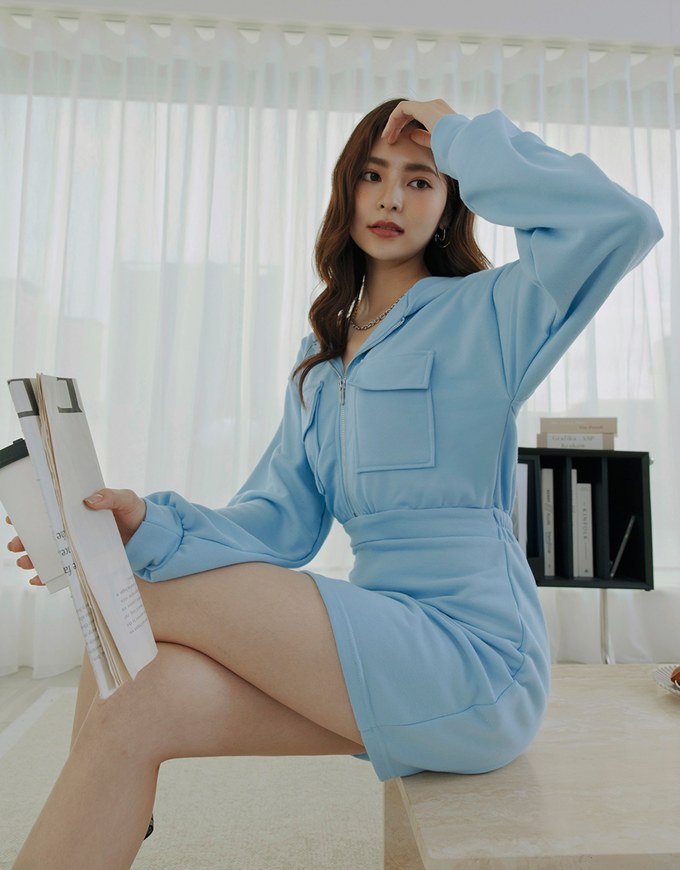 Preppy Zip Loose Hoodie Mini Dress