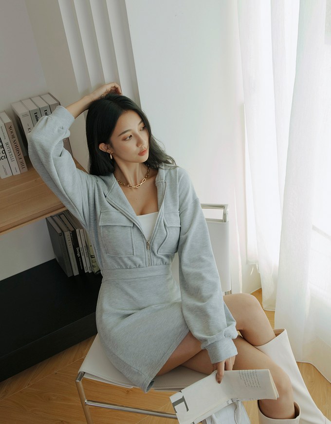 Preppy Zip Loose Hoodie Mini Dress