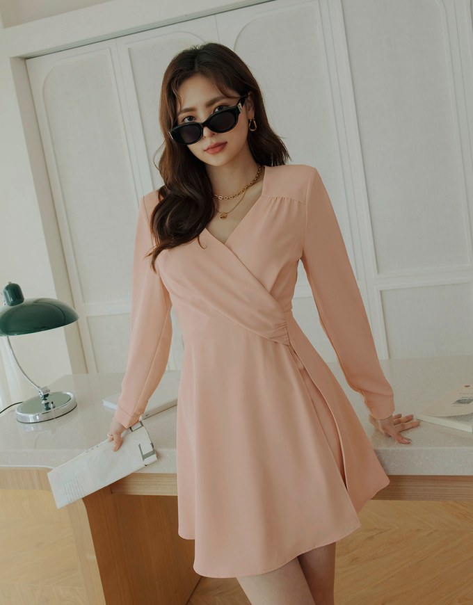 V Neck Overlap Flare Mini Dress