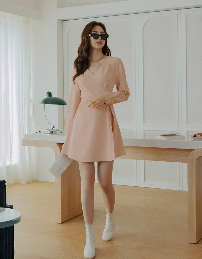 V Neck Overlap Flare Mini Dress