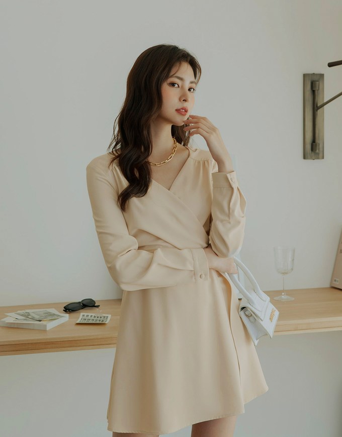 V Neck Overlap Flare Mini Dress