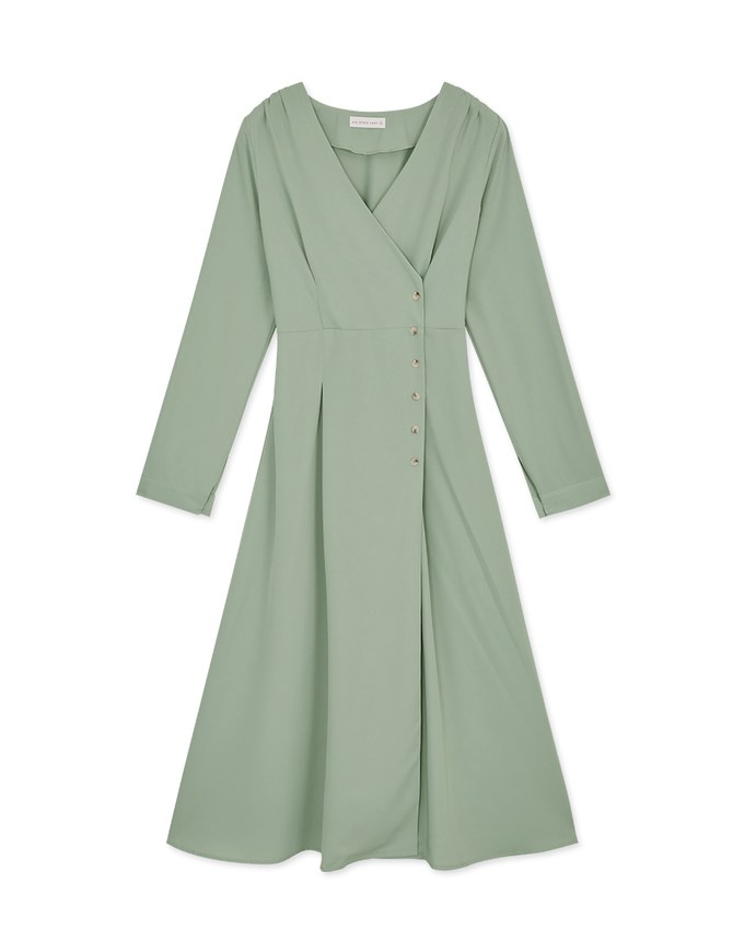 V Neck Overlap Buttoned Maxi Flare Dress