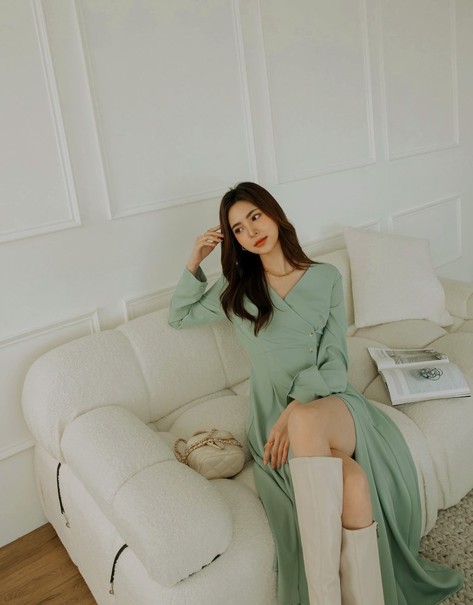 V Neck Overlap Buttoned Maxi Flare Dress